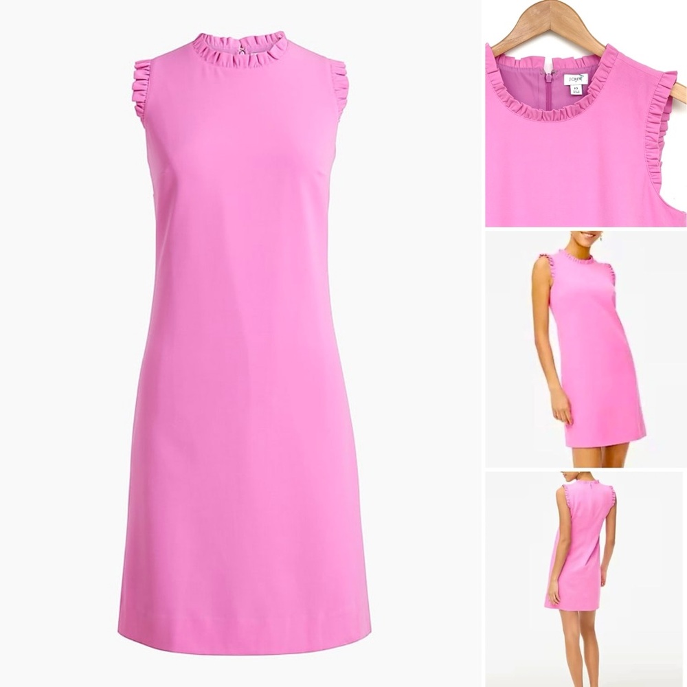 J. Crew Ruffle Neck Suiting Dress Sleeveless Knee Length Satin Lining Fuchsia